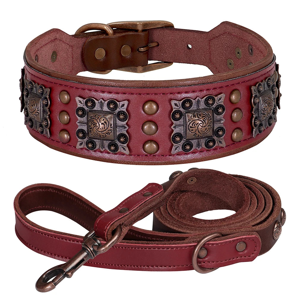 Ensemble Collier et Laisse Cuir Véritable Rivets Métal