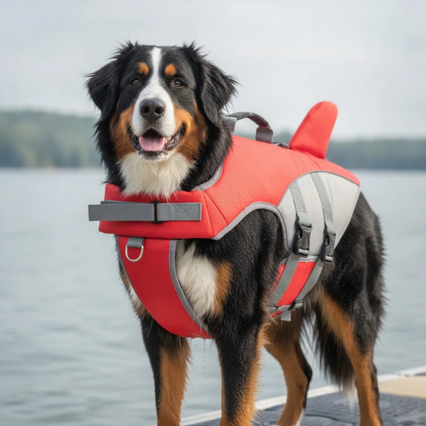 Gilet de sauvetage chien aileron requin - en situation
