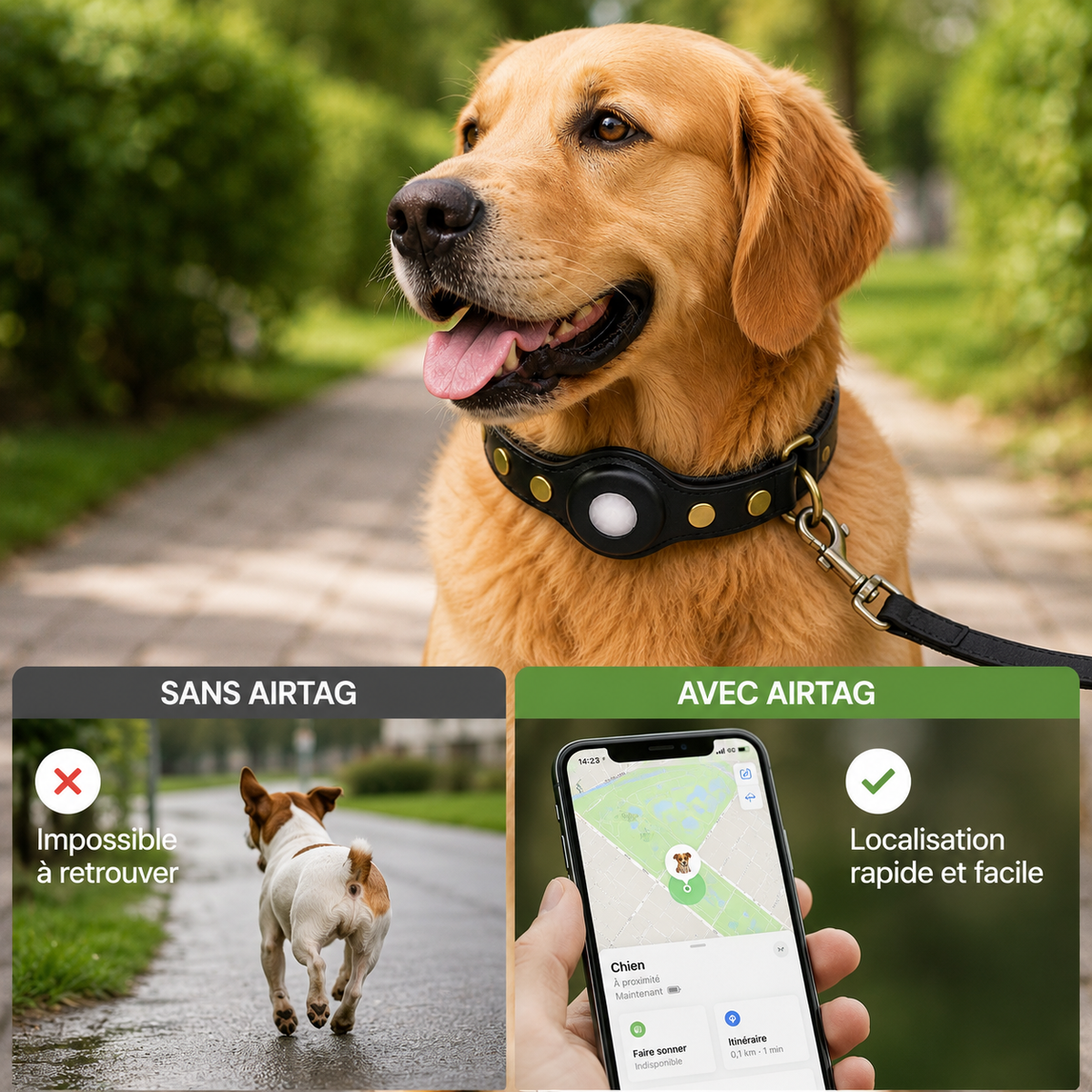 Collier Cuir avec Étui pour Traceur Bluetooth pour Chien