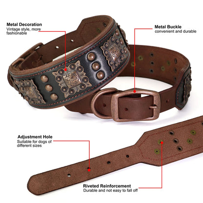 Ensemble Collier et Laisse Cuir Véritable Rivets Métal