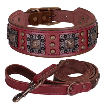 Ensemble Collier et Laisse Cuir Véritable Rivets Métal