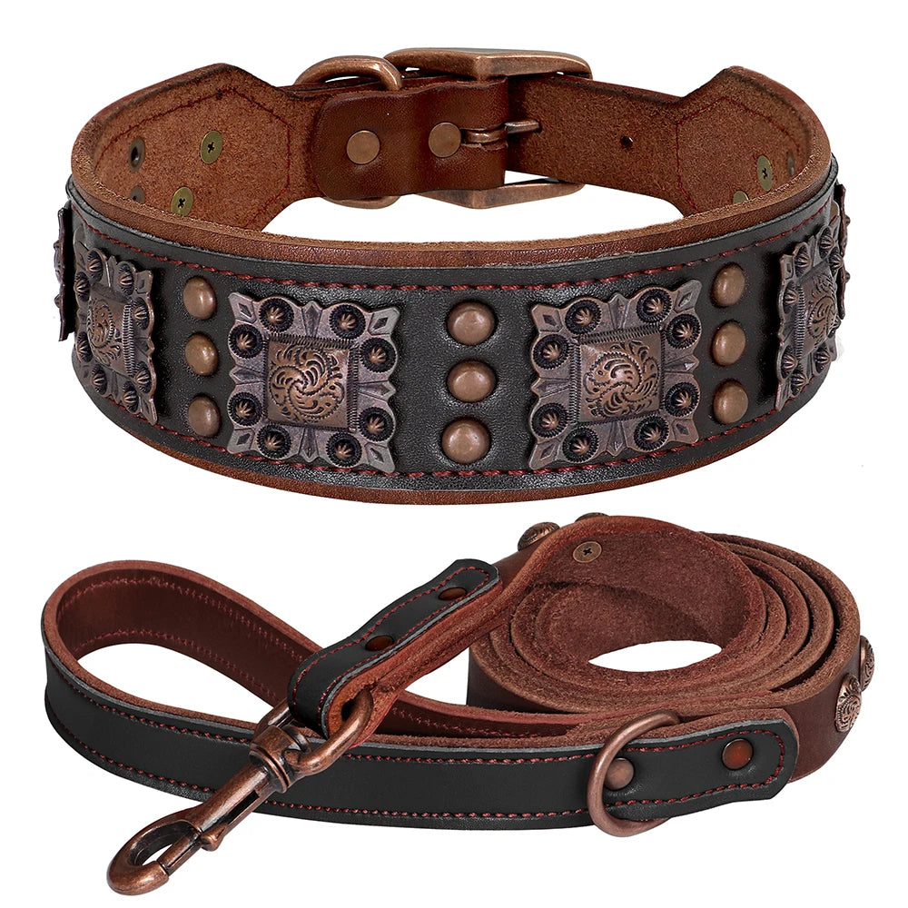 Ensemble Collier et Laisse Cuir Véritable Rivets Métal