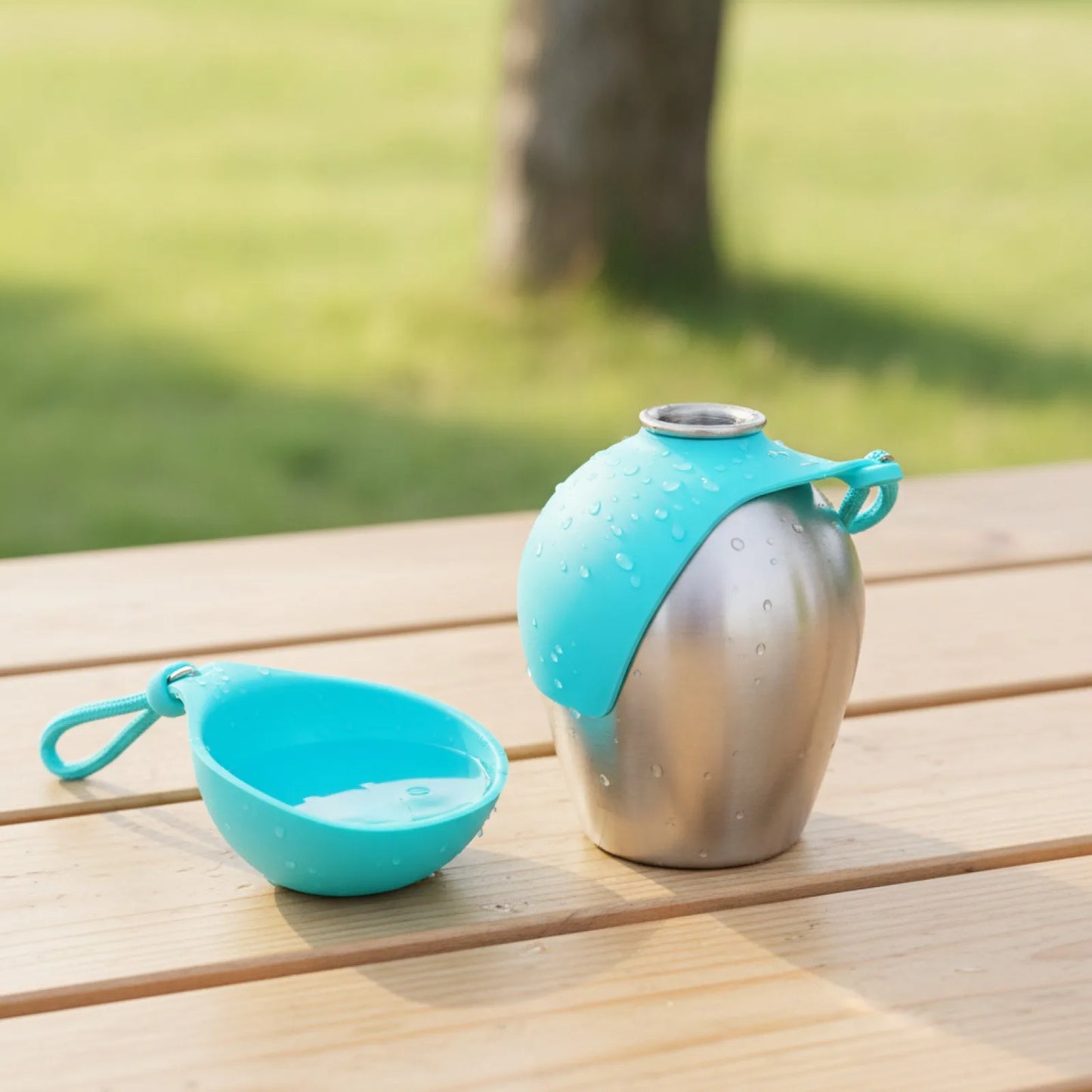 Bouteille d'eau nomade pour chien en acier inoxydable - vue de biais