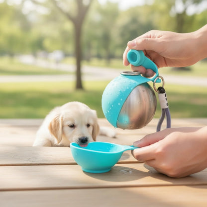 Bouteille d'eau nomade pour chien en acier inoxydable - en situation