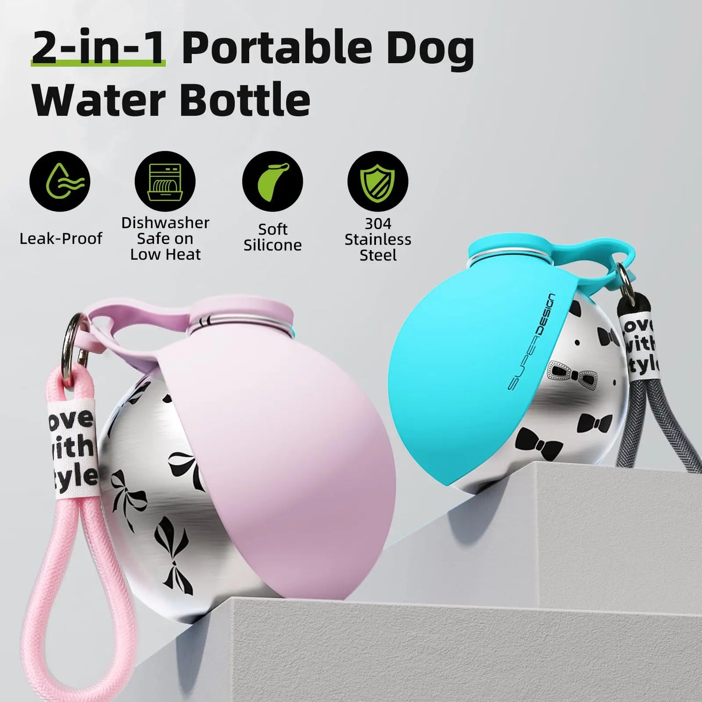 Bouteille d'eau nomade 2-en-1 pour chien - vue de face