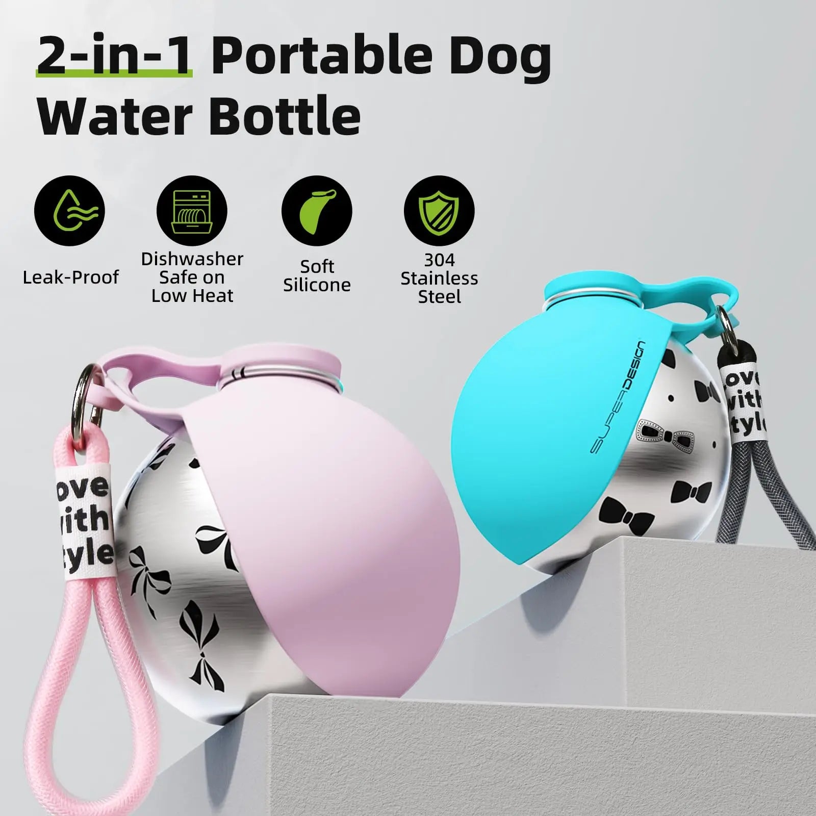 Bouteille d'eau nomade 2-en-1 pour chien - vue de face