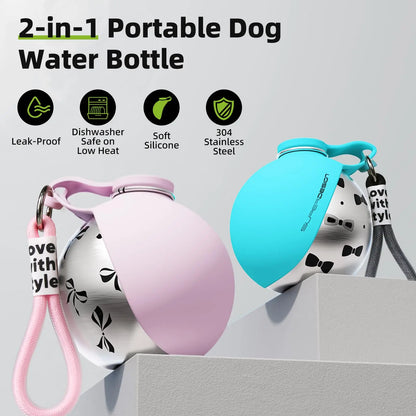 Bouteille d'eau nomade 2-en-1 pour chien - vue de face