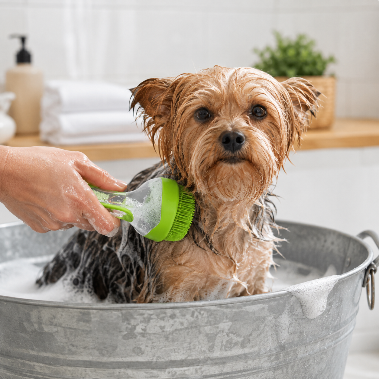 Brosse de bain à manche long avec distributeur de shampoing pour chien - vue de profil - Dogvogue