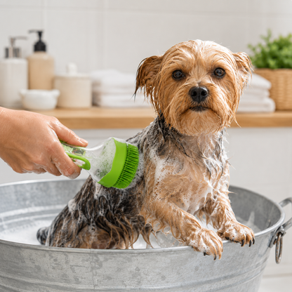 Brosse de bain à manche long avec distributeur de shampoing pour chien - zoom sur le détail - Dogvogue