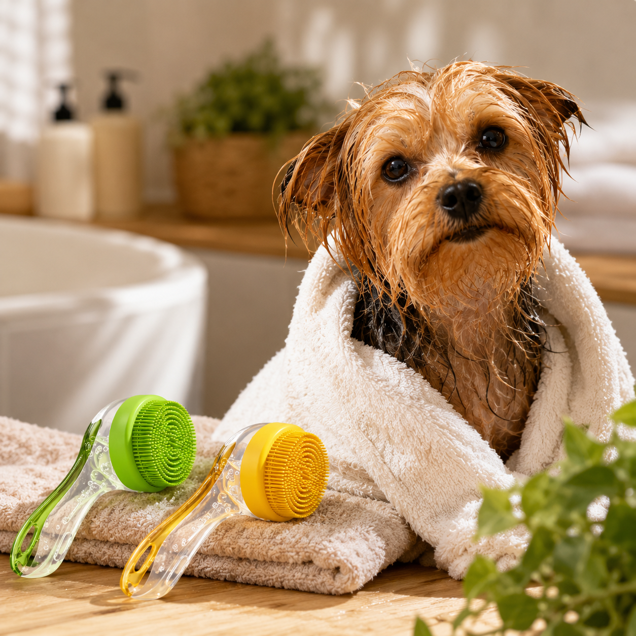 Brosse de bain à manche long avec distributeur de shampoing pour chien - en situation d'utilisation - Dogvogue