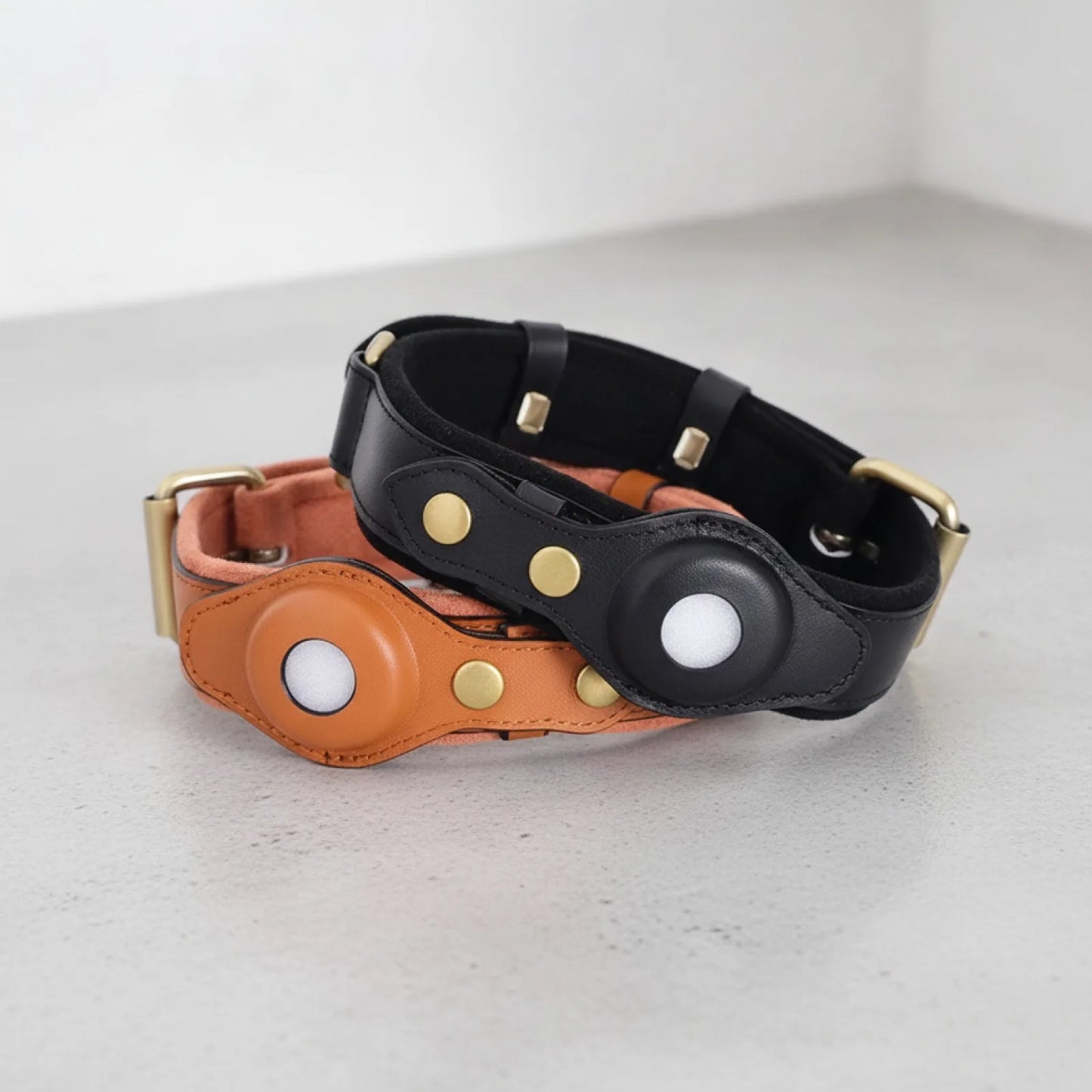 Collier cuir avec étui AirTag pour chien - vue de biais