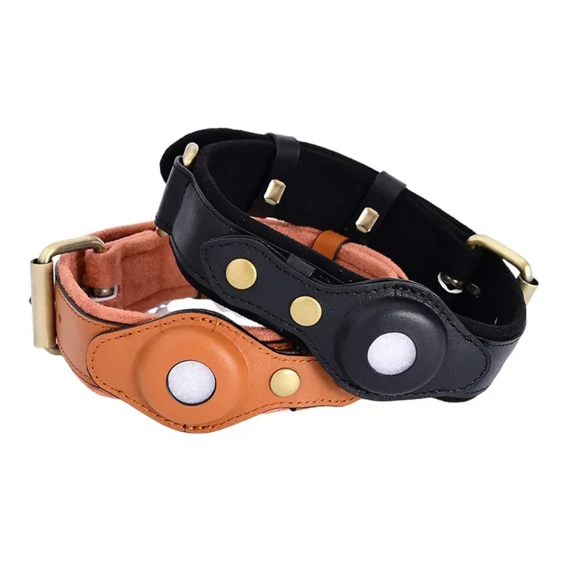 Collier cuir avec étui AirTag pour chien - vue de face