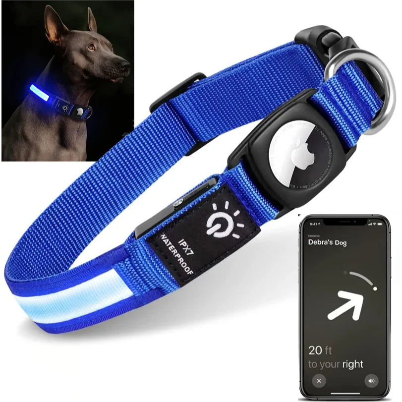 Collier lumineux GPS chien avec étui AirTag - vue de face