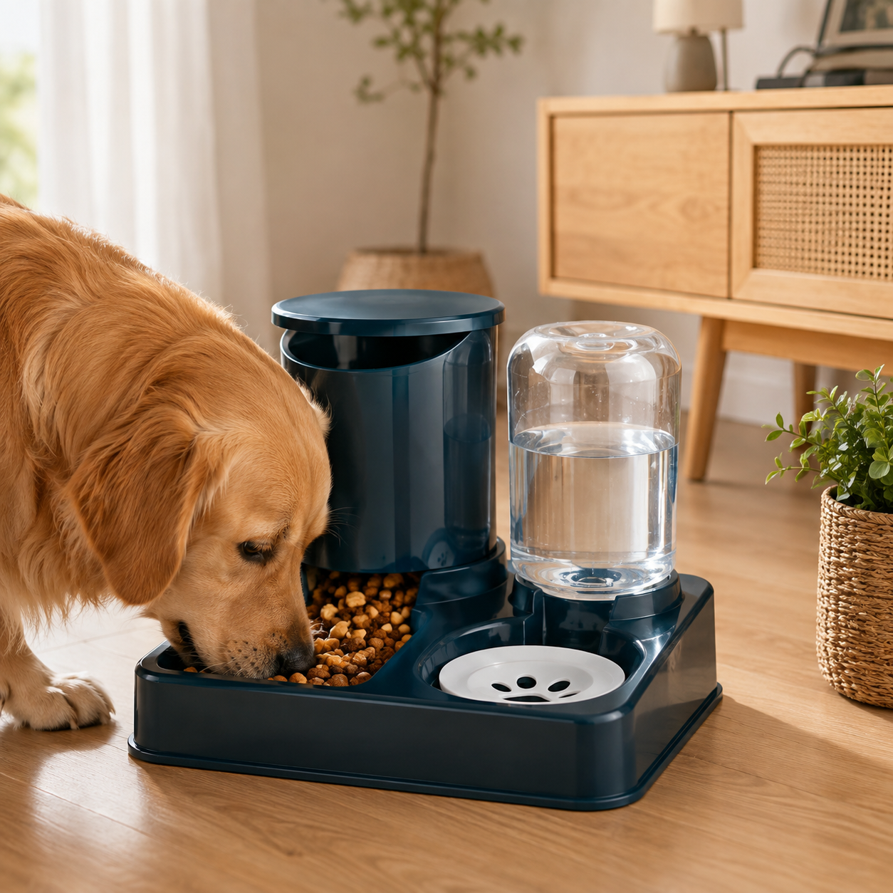 Distributeur eau et nourriture 2-en-1 par gravité pour chien et chat - en situation d'utilisation - Dogvogue