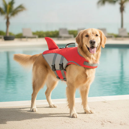 Gilet de sauvetage chien aileron requin - vue de biais