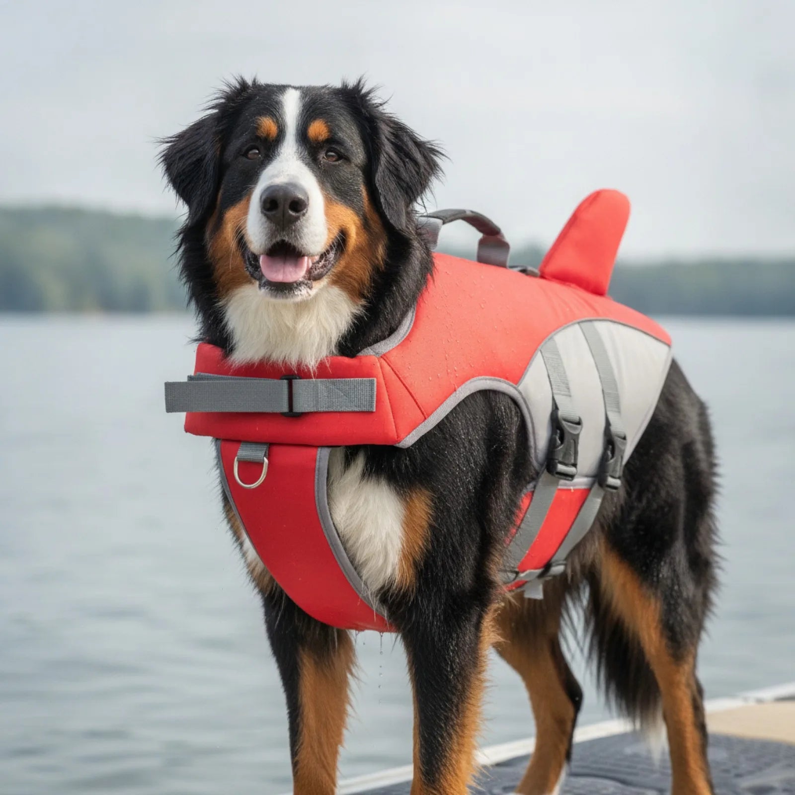 Gilet de sauvetage chien aileron requin - en situation