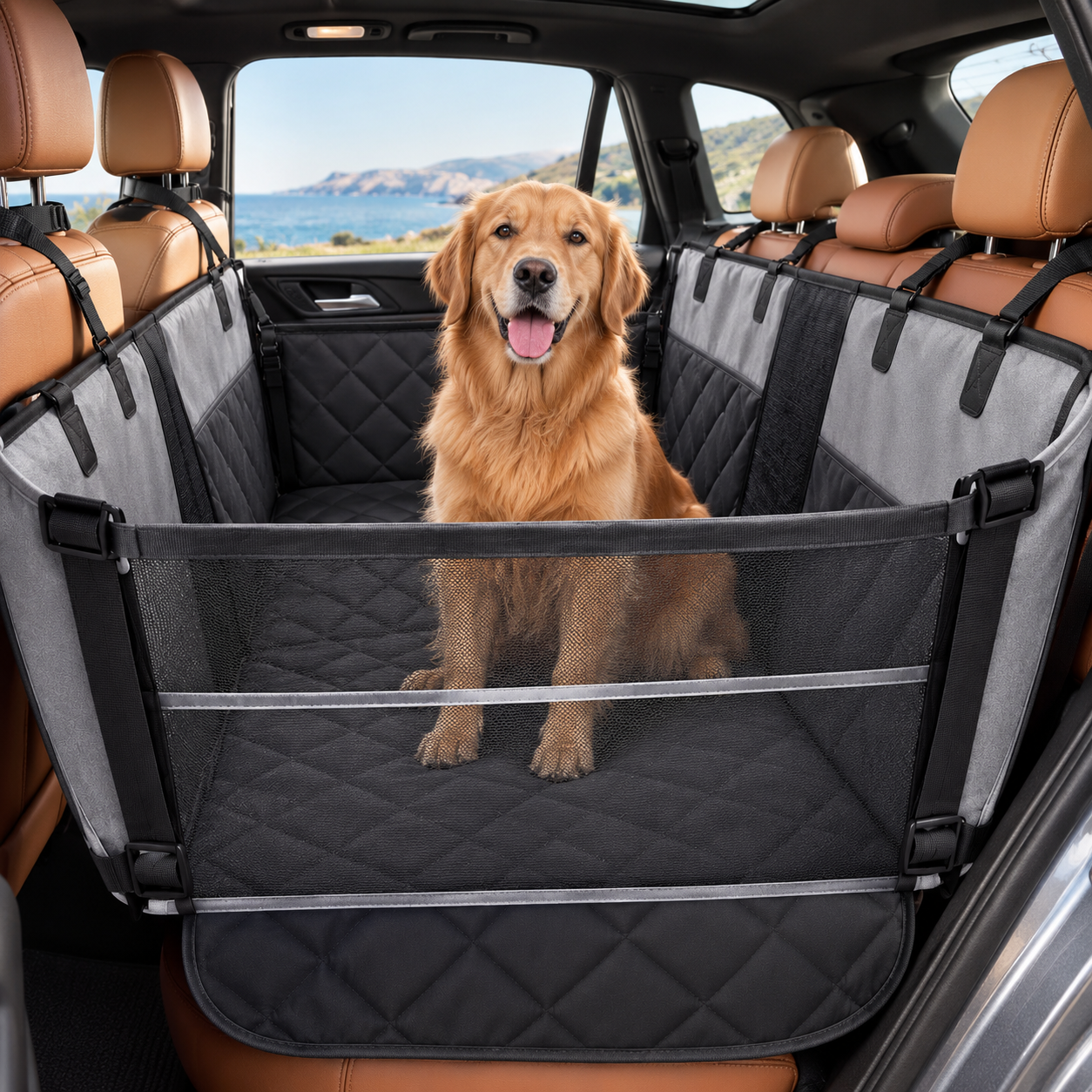 Chien installé confortablement dans le hamac de voiture imperméable