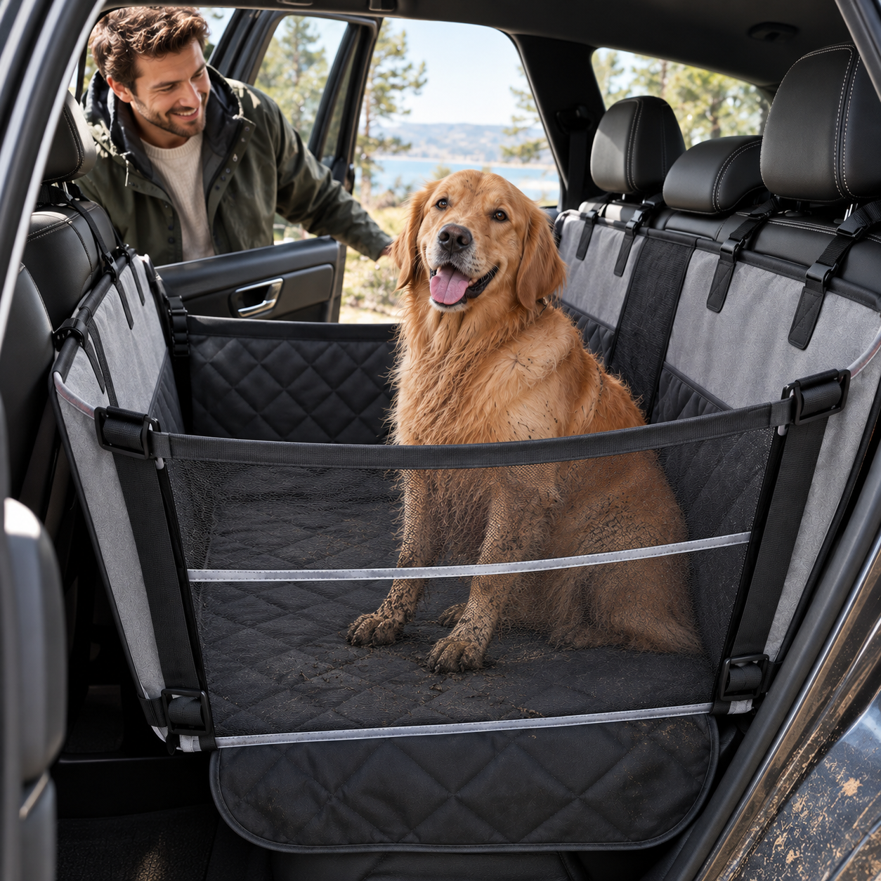 Détail des rabats latéraux du hamac de voiture pour chien