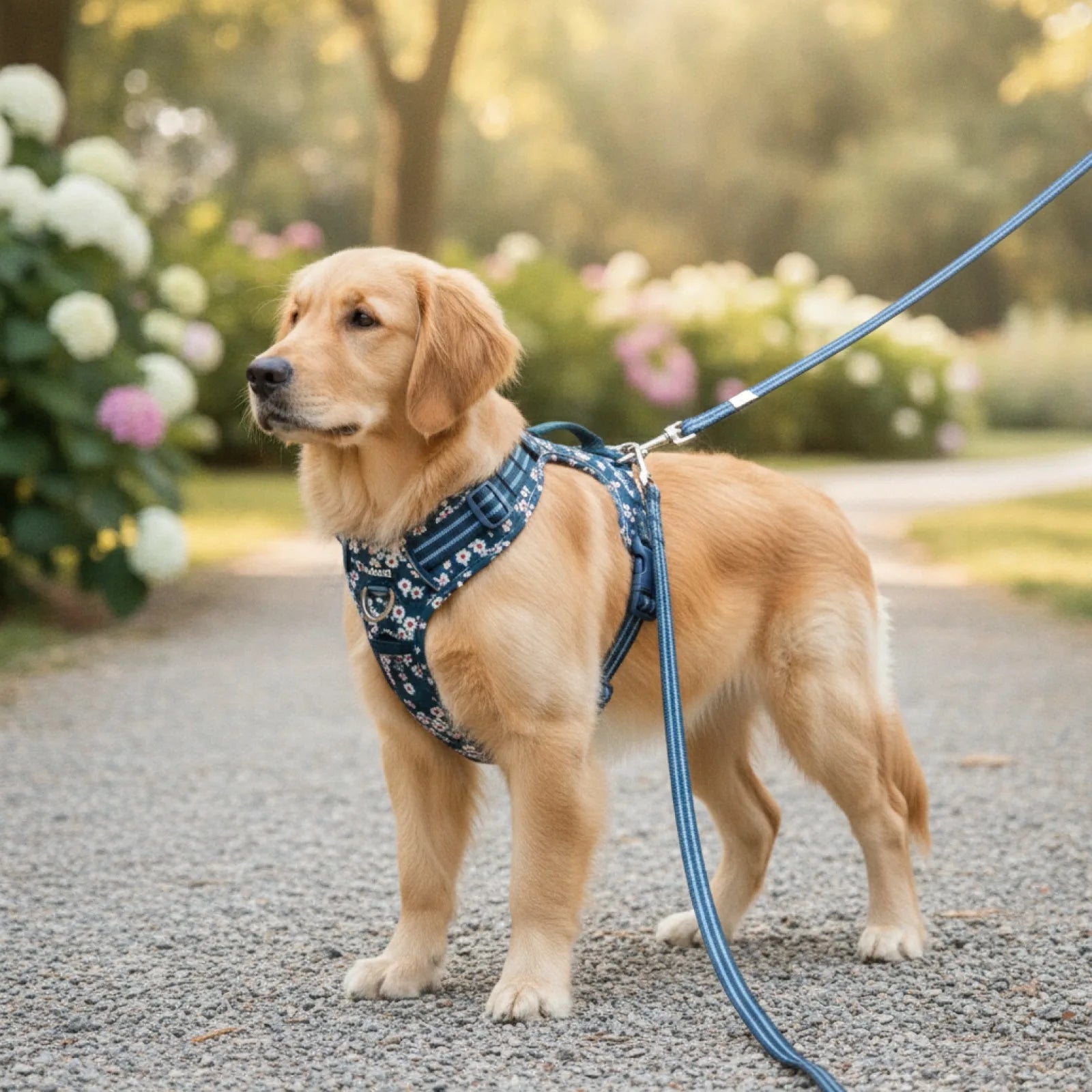 Harnais chien motif floral réglable - en situation