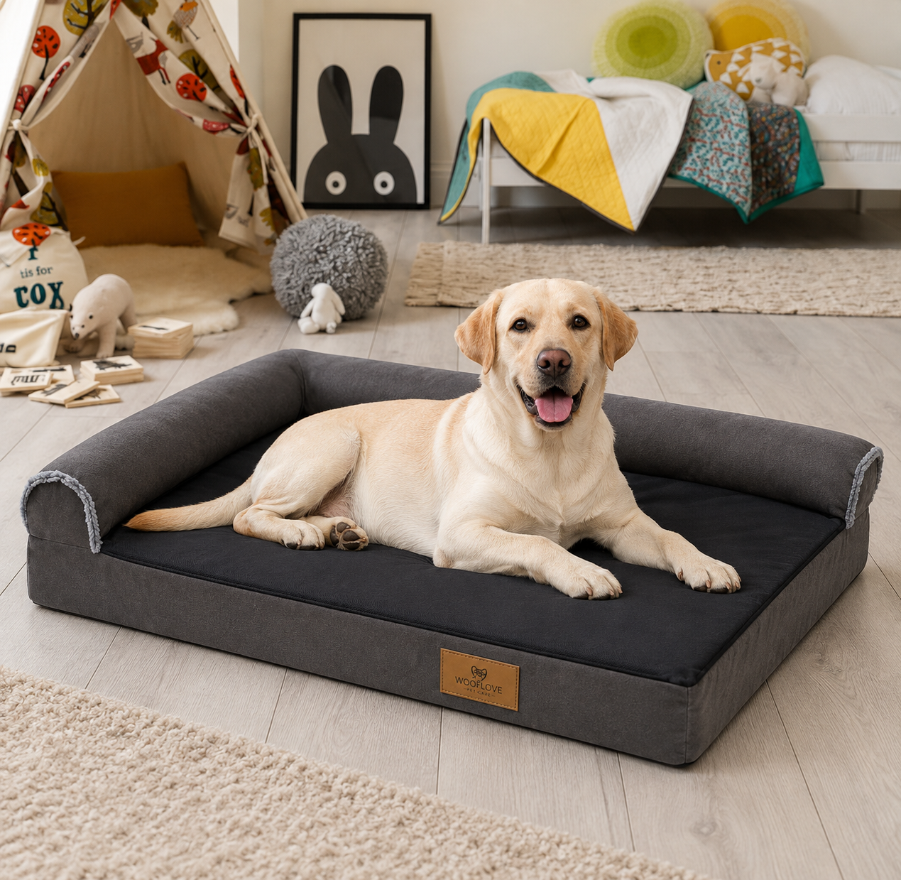 Lit robuste grand format en L pour chien - vue de profil - Dogvogue