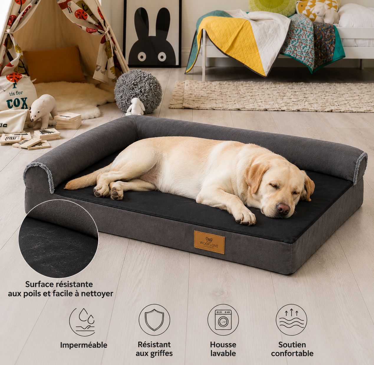 Lit robuste grand format en L pour chien - zoom sur le détail - Dogvogue