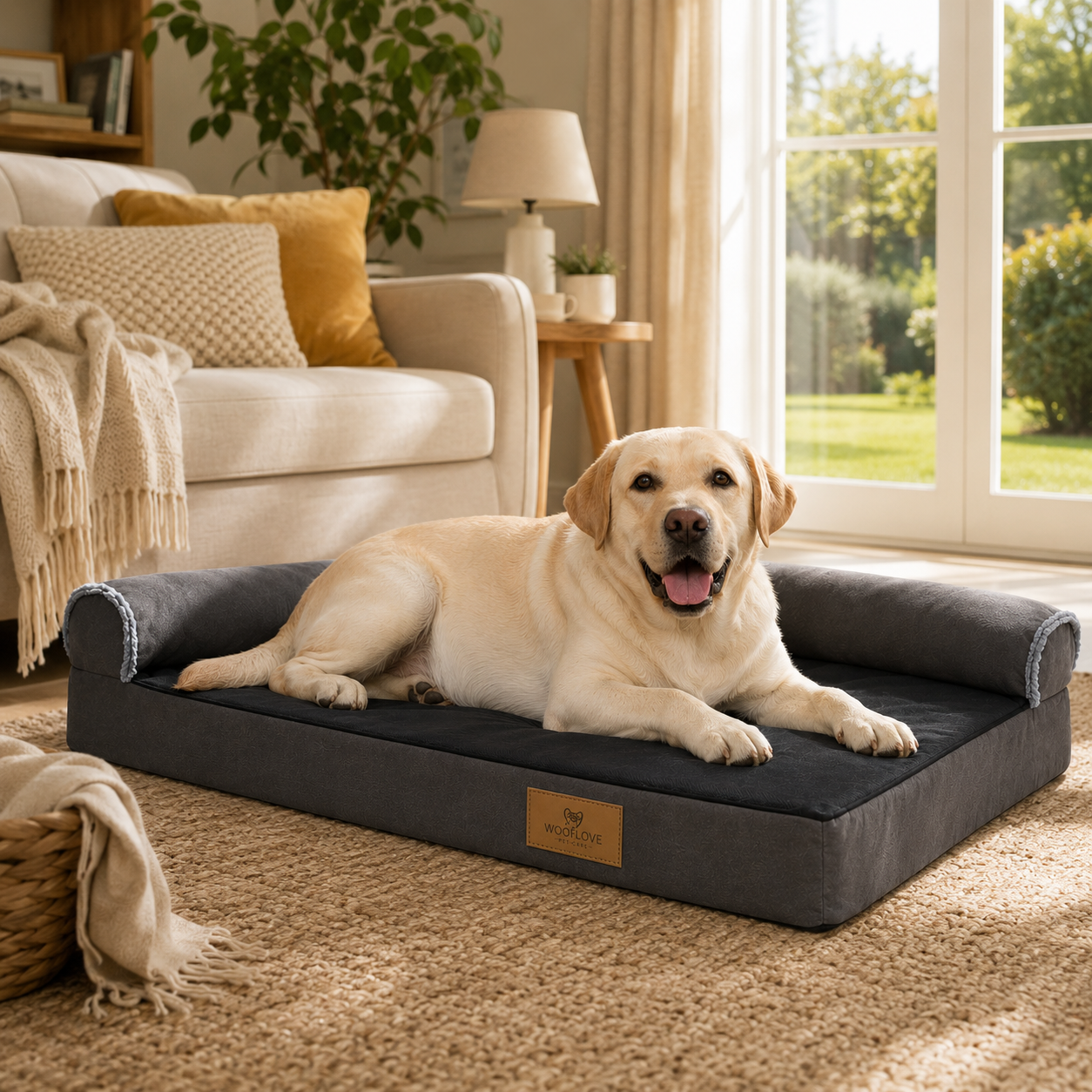 Lit robuste grand format en L pour chien - en situation d'utilisation - Dogvogue