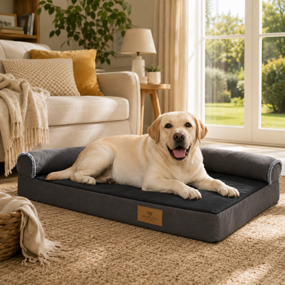 Lit robuste grand format en L pour chien - en situation d'utilisation - Dogvogue
